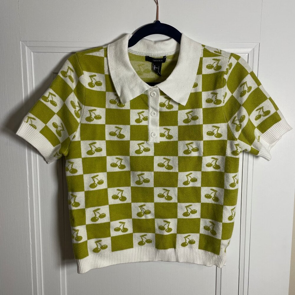 NWT Forever 21 Cherry Polo Knit Top, Green & White Checkered